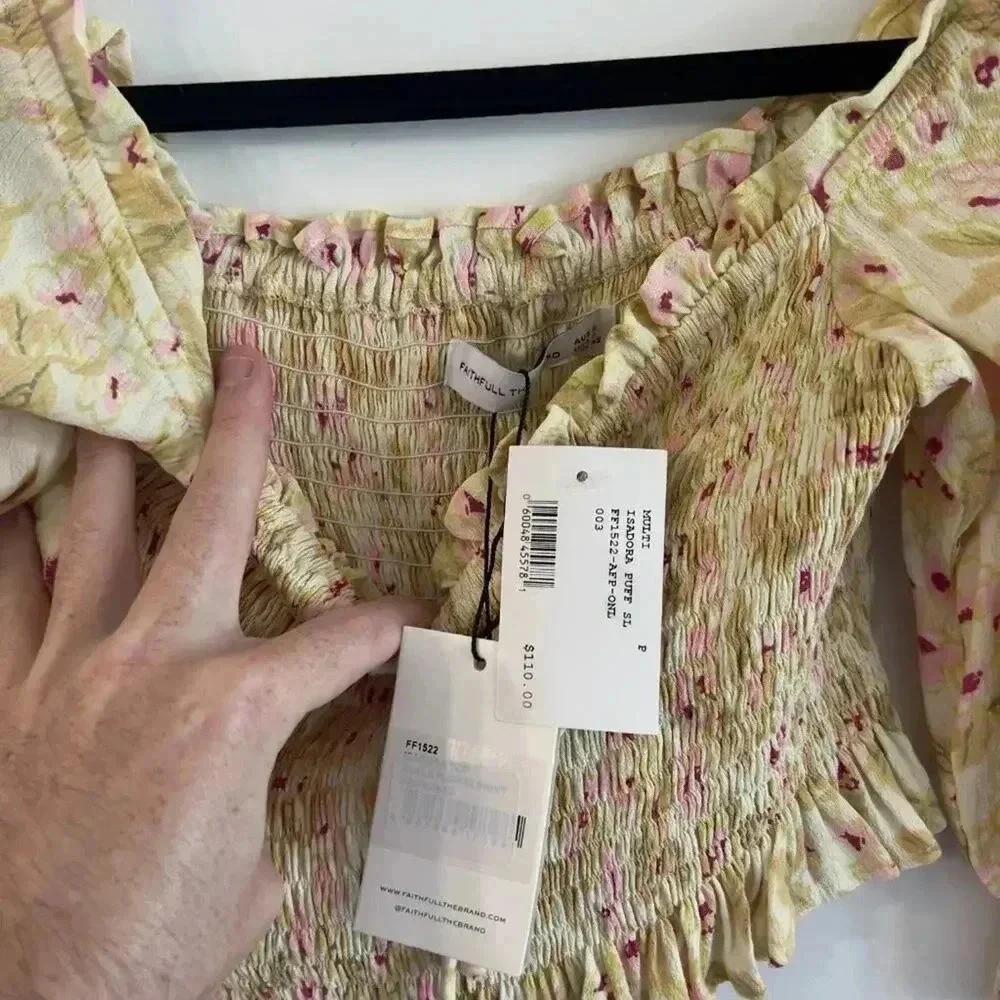 1112 NWT Faithful The Brand Isadora Puff Sleeve Crop Top Size US 2
